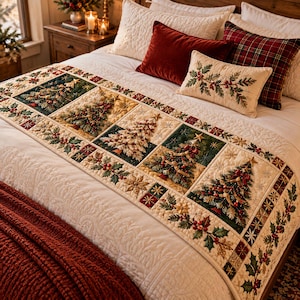 Chemin de lit matelassé patchwork sapin de Noël, écharpe de lit verte et dorée pour les fêtes, décoration de lit houx, baies, étoiles et flocons de neige, chambre de Noël chaleureuse