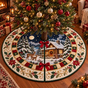 May include: A round Christmas tree skirt featuring a winter landscape with a log cabin, snow-covered pine trees, and two deer under a starry night sky. The border is decorated with a quilted pattern of red and green squares and holly leaves.