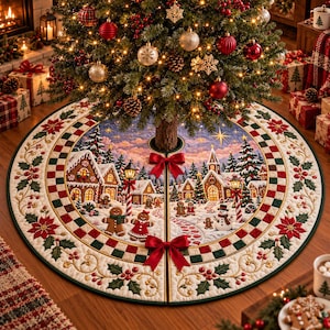 May include: A round quilted Christmas tree skirt featuring a festive winter village scene with gingerbread houses, gingerbread people, a snowman, and pine trees. The border displays a red and green checkered pattern with poinsettia motifs.
