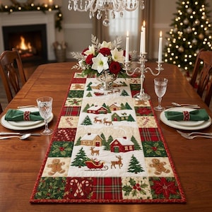 May include: A rectangular quilted table runner featuring a central panel with a winter village scene, reindeer, and Santa in a sleigh, bordered by squares of red and green plaid, holly, candy canes, and gingerbread men on a wooden table.