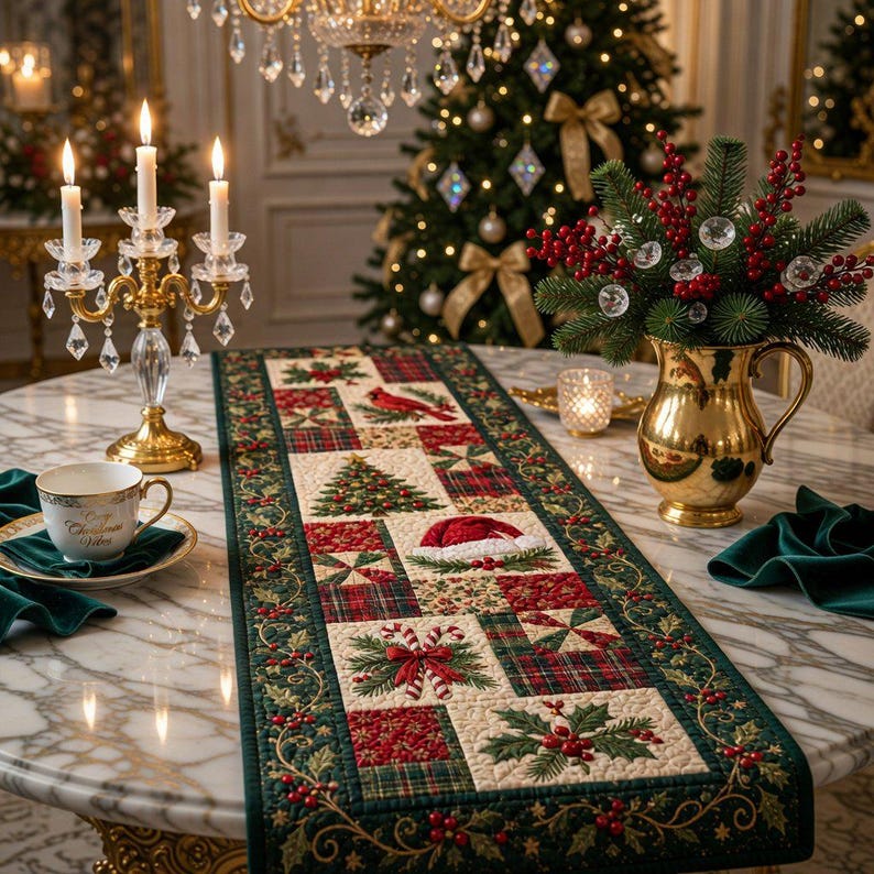 Christmas Quilted Table Runner, Winter Table Runner, Cardinal Santa Hat ...