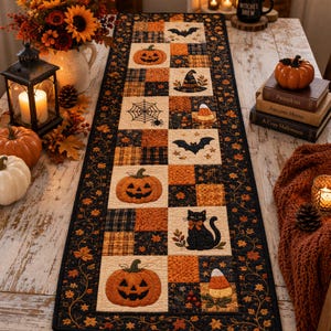 May include: A rectangular quilted table runner featuring a patchwork design with Halloween motifs including jack-o'-lanterns, a black cat, bats, a spider web, a witch hat, and candy corn, all set against a black background with orange leaf borders.