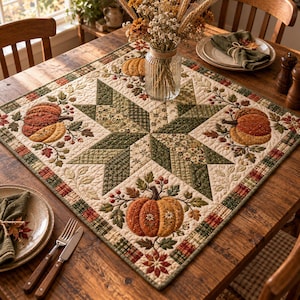 May include: A square quilted table topper featuring a central star pattern in shades of green and cream, decorated with embroidered orange pumpkins, autumn leaves, and berries. The border consists of a plaid fabric in red, green, and brown.