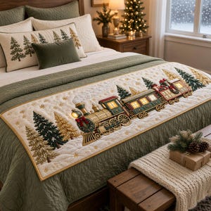 May include: A cream-colored quilted bed runner featuring an embroidered Christmas train with a locomotive and two passenger cars, surrounded by stitched evergreen and gold trees, snowflakes, and a small gift box on a wooden bench at the foot of the bed.