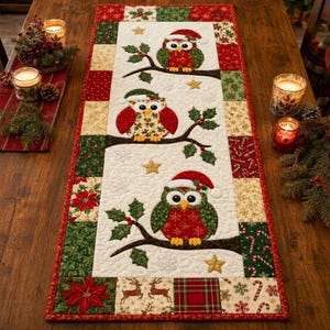 May include: A rectangular quilted table runner featuring a white center panel with three owls perched on branches, each wearing a red Santa hat. The border consists of patchwork squares in red, green, and gold with poinsettia and snowflake patterns.