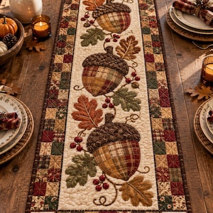 May include: A rectangular quilted table runner featuring a central cream-coloured panel decorated with three large appliqued acorns, oak leaves, and red berries. The border consists of a multi-coloured patchwork pattern in shades of brown, red, and green.