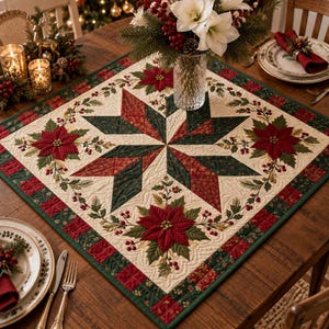 Christmas Quilted Table Topper, Holiday Patchwork Square Table Mat, Winter Table Decor