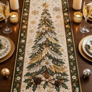 May include: A rectangular table runner featuring a central embroidered Christmas tree in shades of green, gold, and white, accented with poinsettias, pinecones, and a bow. The border is dark green with white floral embroidery and gold trim.