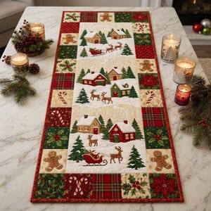 Julquiltad bordslöpare | Vinterby- och pepparkaksmönster med lapptäcke | Rödgrön juldekoration | Inflyttningspresent