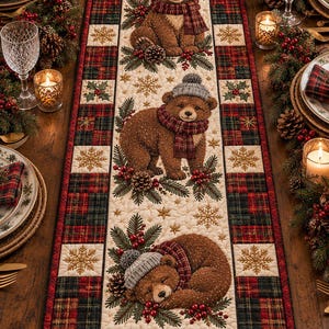 Peut inclure: Un chemin de table rectangulaire en tissu avec un panneau central crème orné de trois ours bruns portant des bonnets en tricot gris et des écharpes à carreaux rouges, entourés de branches de pin, de baies rouges et de flocons dorés.