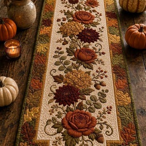 May include: A rectangular quilted table runner featuring a central cream-coloured panel with embroidered autumn flowers, including roses and chrysanthemums, surrounded by a border of appliqued oak leaves and acorns in shades of orange, brown, and green.