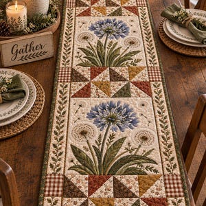 Agapanthus & Dandelion Quilted Table Runner, Patchwork Cotton Fabric, Spring Summer Farmhouse Decor, Housewarming Gift