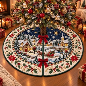May include: A circular Christmas tree skirt featuring a quilted winter village scene with snow-covered houses, a horse-drawn sleigh, and a stone bridge. The border is decorated with red poinsettias and holly berries, secured by two red ribbon bows.