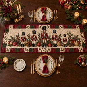 May include: A rectangular quilted table runner featuring a central row of five nutcracker figures, pine branches, holly leaves, red ornaments, and gift boxes, bordered by a red and green plaid pattern on a cream-colored fabric background.