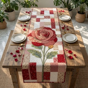 May include: A rectangular quilted table runner featuring a large central rose motif composed of various red, pink, and cream fabric patches. The background consists of a patchwork grid pattern in shades of red, white, and beige, with green fabric leaves.