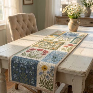 Gesteppter Tischläufer mit Blumenmuster, Patchwork-Blumendesign, botanische Wildblumen-Cottagecore-Dekoration