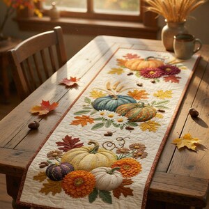 Può includere: Un runner da tavola trapuntato rettangolare con un motivo autunnale di zucche, foglie colorate, ghiande e fiori nelle tonalità dell'arancione, giallo, blu e viola su un tessuto color crema con un bordo rifinito in marrone scuro.
