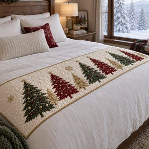 May include: A cream-colored quilted bed runner featuring an embroidered pattern of alternating green, red, and gold Christmas trees decorated with small ornaments and gold stars, finished with a gold-toned border trim across the white bedding.