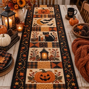 May include: A rectangular quilted table runner featuring a patchwork design with Halloween motifs including jack-o'-lanterns, a black cat, a crescent moon with bats, and a lantern, all bordered by a black vine pattern with orange leaves.