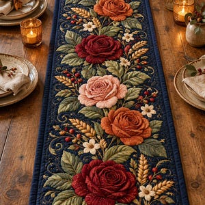 May include: A rectangular navy blue table runner featuring a quilted texture and an intricate floral pattern. The design includes large, dimensional roses in shades of deep red, orange, and soft pink, accented with green leaves, wheat stalks, and small white flowers.