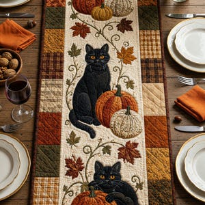May include: A rectangular quilted table runner featuring a cream-colored center panel with three black cats, orange and white pumpkins, and autumn leaves. The border consists of a patchwork of brown, orange, and tan squares and rectangles.