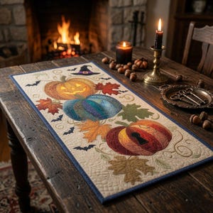 May include: A rectangular fabric table runner featuring a quilted design with three pumpkins in orange, blue, and red, accented by autumn leaves, small black bats, and a witch hat. The runner has a dark blue border and a cream-colored background.
