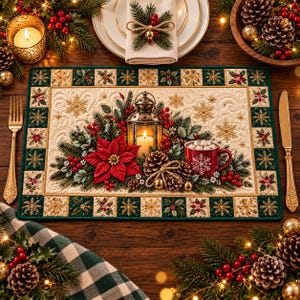 Puede incluir: Un mantel individual acolchado rectangular con una escena navideña central que incluye un farol encendido, una flor de pascua roja, piñas y una taza roja con un patrón de copos de nieve blancos. El borde muestra un patrón de copos dorados.