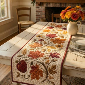May include: A quilted table runner featuring an intricate embroidered pattern of autumn leaves, acorns, and red apples in shades of orange, gold, and burgundy. The runner has a cream-colored background with a dark red border and a textured finish.