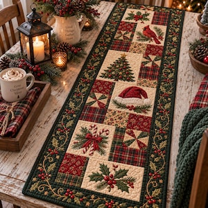 May include: A rectangular quilted table runner featuring a patchwork design with Christmas motifs including a cardinal, a decorated pine tree, a Santa hat, candy canes, and holly berries, all bordered by a dark green fabric with a holly vine pattern.