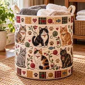 May include: A cylindrical fabric storage basket with a cream-colored quilted exterior featuring a repeating pattern of various cat breeds, paw prints, red hearts, yarn balls, and small fish. The top and bottom borders have a plaid square design.