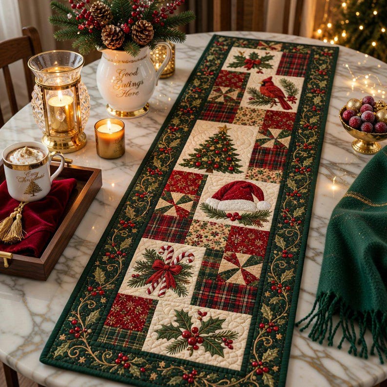 Christmas Quilted Table Runner, Winter Table Runner, Cardinal Santa Hat ...