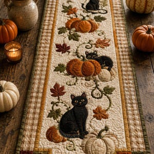 Könnte beinhalten: Ein rechteckiger Tischläufer aus cremefarbenem Stoff mit Steppmuster. Das Design zeigt applizierte schwarze Katzen, orangefarbene und weiße Kürbisse sowie Herbstblätter in Braun-, Grün- und Rottönen, eingefasst von einer beigen Vichy-Karo-Borte.