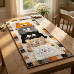 Peut inclure: Un chemin de table rectangulaire orné d'une rangée verticale de cinq têtes de chat en relief, de couleurs orange, grise, noire, beige et blanche. Les chats ont de grands yeux, des moustaches et des pattes. Bordure à motif à carreaux neutres.