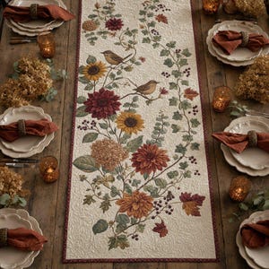 May include: A rectangular quilted table runner featuring a cream-coloured background with a printed pattern of brown birds, yellow sunflowers, deep red dahlias, and green ivy vines. The runner has a dark red border and intricate stitching throughout.