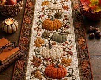 Camino de mesa acolchado con forma de calabaza, decoración de mesa de cosecha otoñal, camino de mesa de patchwork con hojas de otoño, decoración rústica de Acción de Gracias, regalo para ella.