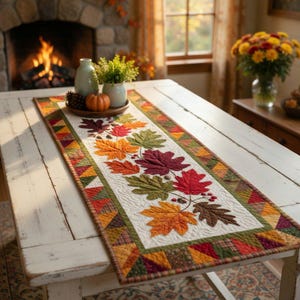 Puede incluir: Un camino de mesa acolchado rectangular con un panel central blanco decorado con hojas de otoño aplicadas en tonos naranja, rojo, verde y marrón. El borde consiste en un colorido patrón geométrico de triángulos en colores otoñales.