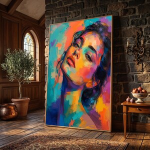 Livfullt kvinnoporträtt på canvas, modern abstrakt ansiktskonst, färgglad expressionistisk väggdekor, samtida kvinnlig konstmålning, canvasvägg