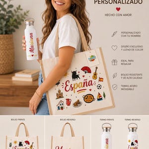 Pack bolso shopper y termo personalizado con nombre | Colección España | Regalo original personalizado