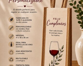 Borsa portabottiglie personalizzata | Regalo originale per compleanni, insegnanti, papà, mamma, matrimoni, anniversari | Borsa in juta e cotone.
