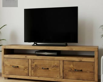 Rustic Wood TV Stand with 3 Drawers, Handmade Mahogany TV Console, Farmhouse Entertainment Center