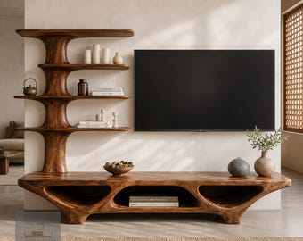 Mueble para TV rústico, centro multimedia, mueble de entretenimiento de madera maciza, muebles modernos y orgánicos para sala de estar.