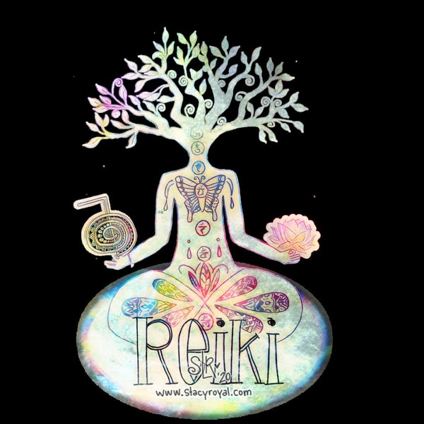 Meditating Chakra Reiki Lady - Cho Ku Rei - Lotus - Tree of Life - Collaboration Infused with Healing Energy Rainbow Grunge Spirals Love