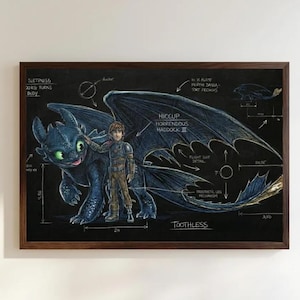 Könnte beinhalten: Ein gerahmter rechteckiger Druck auf schwarzem Hintergrund mit einer technischen Zeichnung eines dunkelblauen Drachen und einer menschlichen Figur. Das Kunstwerk enthält weiße Textbeschriftungen wie Toothless, Hiccup Horrendous Haddock III sowie verschiedene technische Maße und Pfeile, die Fluganzugdetails und Prothesenmechanismen kennzeichnen.
