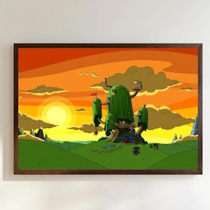 May include: A rectangular framed wall art print featuring a cartoon landscape with a large green treehouse structure centered on rolling green hills. The background displays a vibrant orange and yellow sunset sky with clouds and distant mountains.
