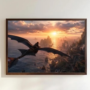 May include: A framed horizontal wall art print depicting a dark dragon with a rider flying over a vast ocean at sunset. The scene features jagged rock formations, distant islands, and a golden sky filled with clouds, all enclosed in a dark wood frame.