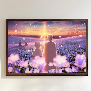 May include: A framed rectangular wall art print depicting two figures standing in a vast field of blue flowers at sunset. Petals drift through the air under a gradient sky of orange and purple. In the distance, two smaller figures sit together.