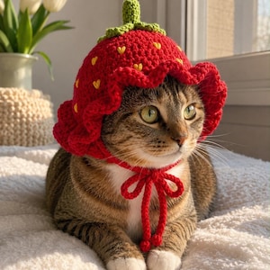 May include: A crocheted strawberry-shaped hat for a cat, featuring a bright red base with small yellow embroidered seeds, a green stem on top, a ruffled brim, and a red chin strap with two small red pom-poms tied in a bow under the chin.