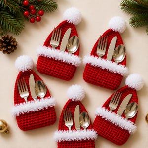 May include: Five red crocheted Santa hat cutlery holders, each featuring a white pom-pom at the top and a white faux fur trim. Each holder contains a silver-toned metal fork, knife, and spoon arranged neatly inside the pocket of the hat.