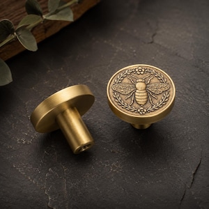 Può includere: Due pomelli rotondi per armadi realizzati in ottone spazzolato. La parte anteriore di un pomello presenta un design a ape in rilievo centrato all'interno di una corona circolare di piccoli fiori e foglie. I pomelli hanno una base cilindrica e una finitura liscia.