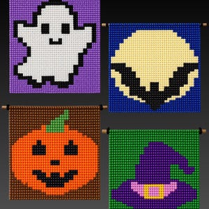 May include: Four square wall hangings made of small beads on wooden rods. One features a white ghost on purple, one a black bat on a yellow moon against blue, one an orange pumpkin on brown, and one a purple witch hat on green.